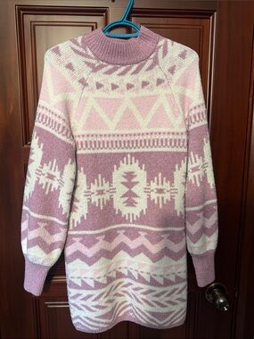 Francesca's Collections Pink & Cream Patterned Turtleneck Sweater Dress